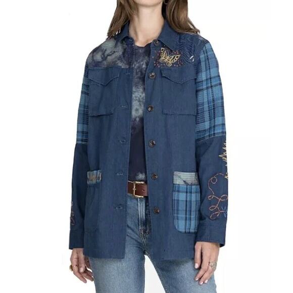 Johnny Was Sz Medium Moonlight Denim Blue Tie-Dye Patchwork Shirt Jacket - Picture 1 of 9
